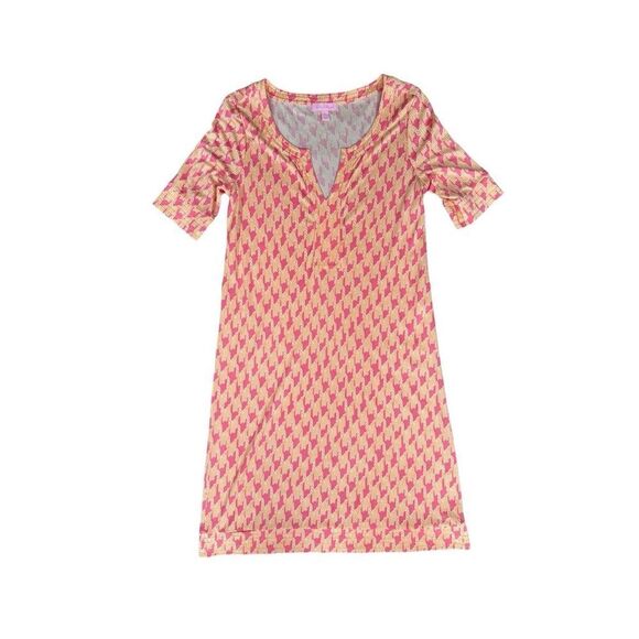 Lilly Pulitzer 100% Silk Shift Dress Orange Pink Houndstooth Split Neck Size 4 - Picture 1 of 10